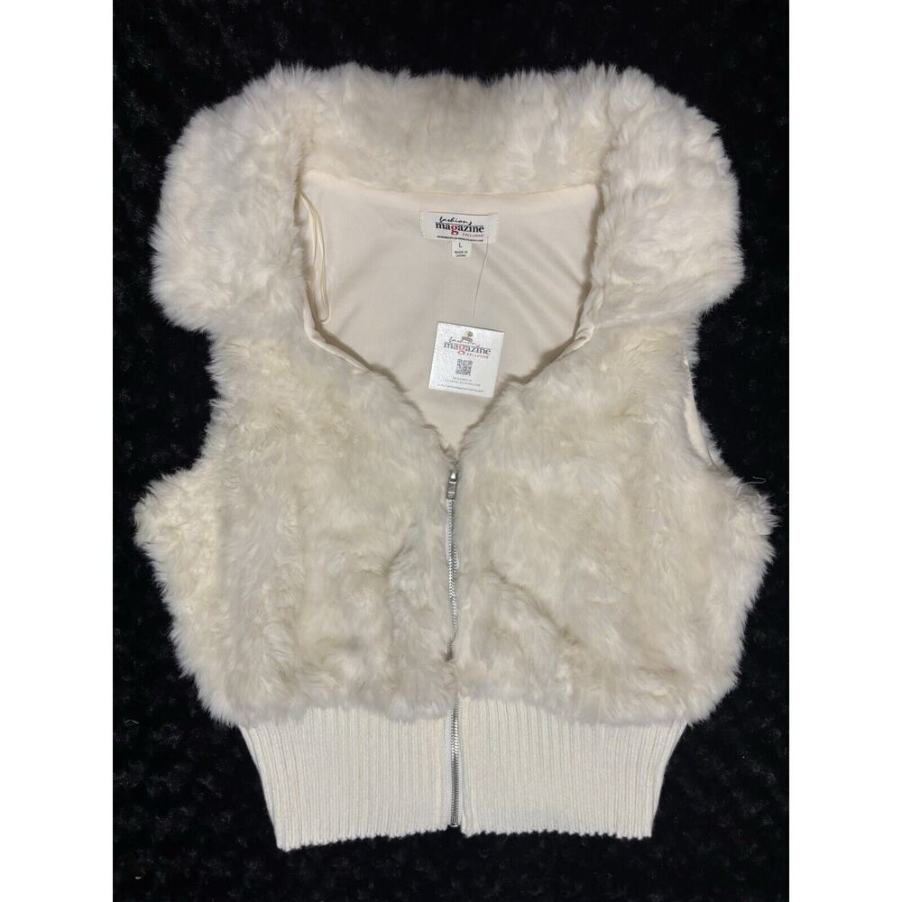 Vintage 80's Cream Faux Fur Full Zip Vest Retro Sleeveless Jacket Winter Large - Picture 1 of 8